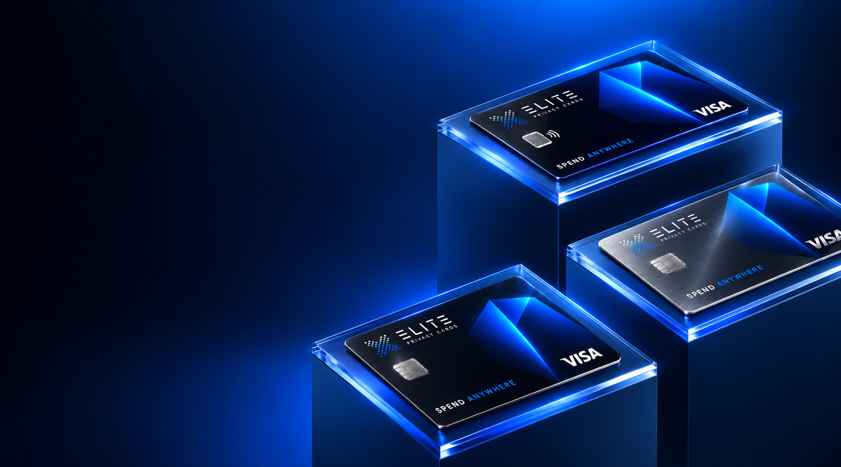 Three Elite Privacy Visa cards on illuminated blue stages