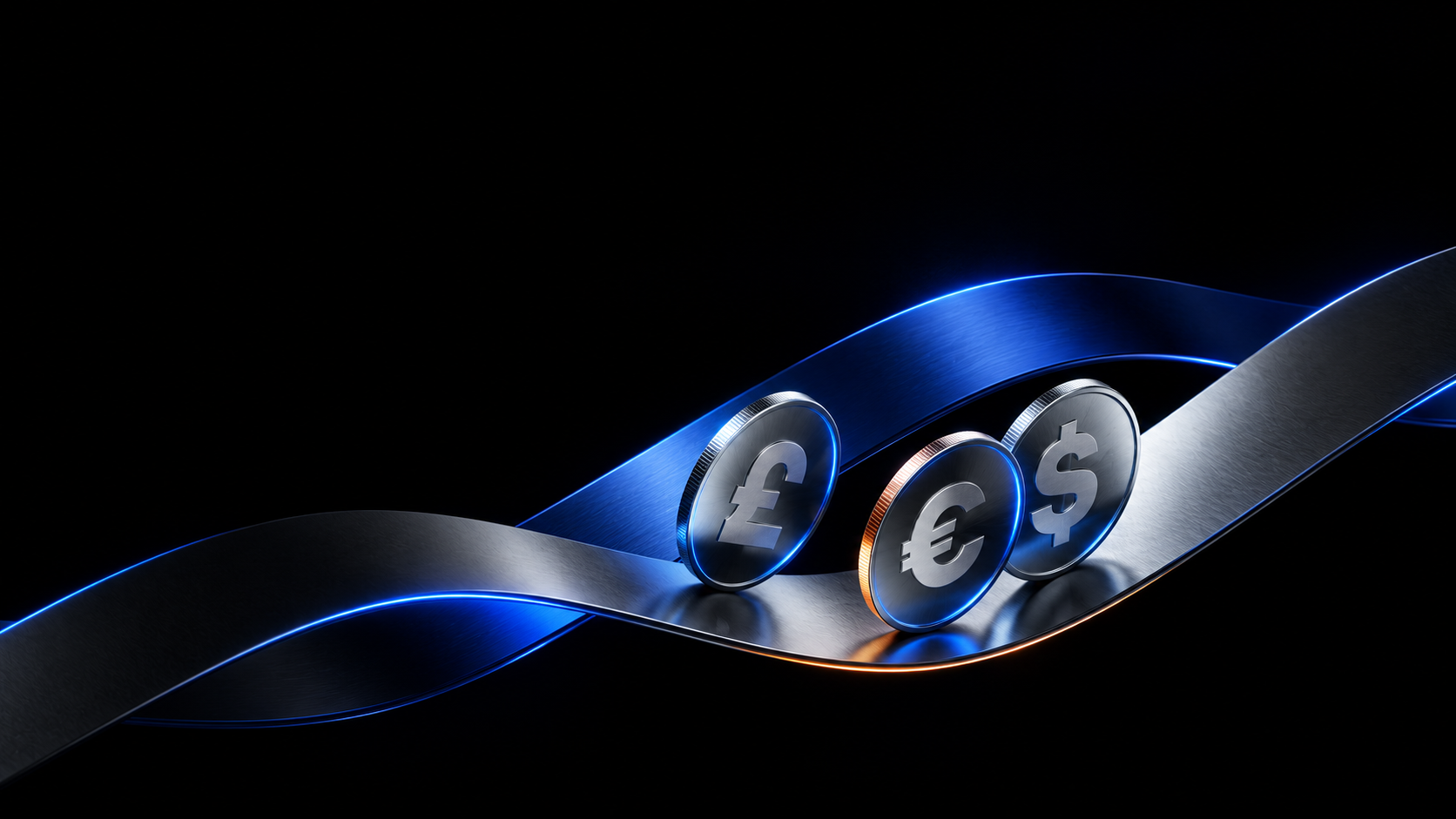 Pound, euro and dollar coins on flowing blue and silver ribbons