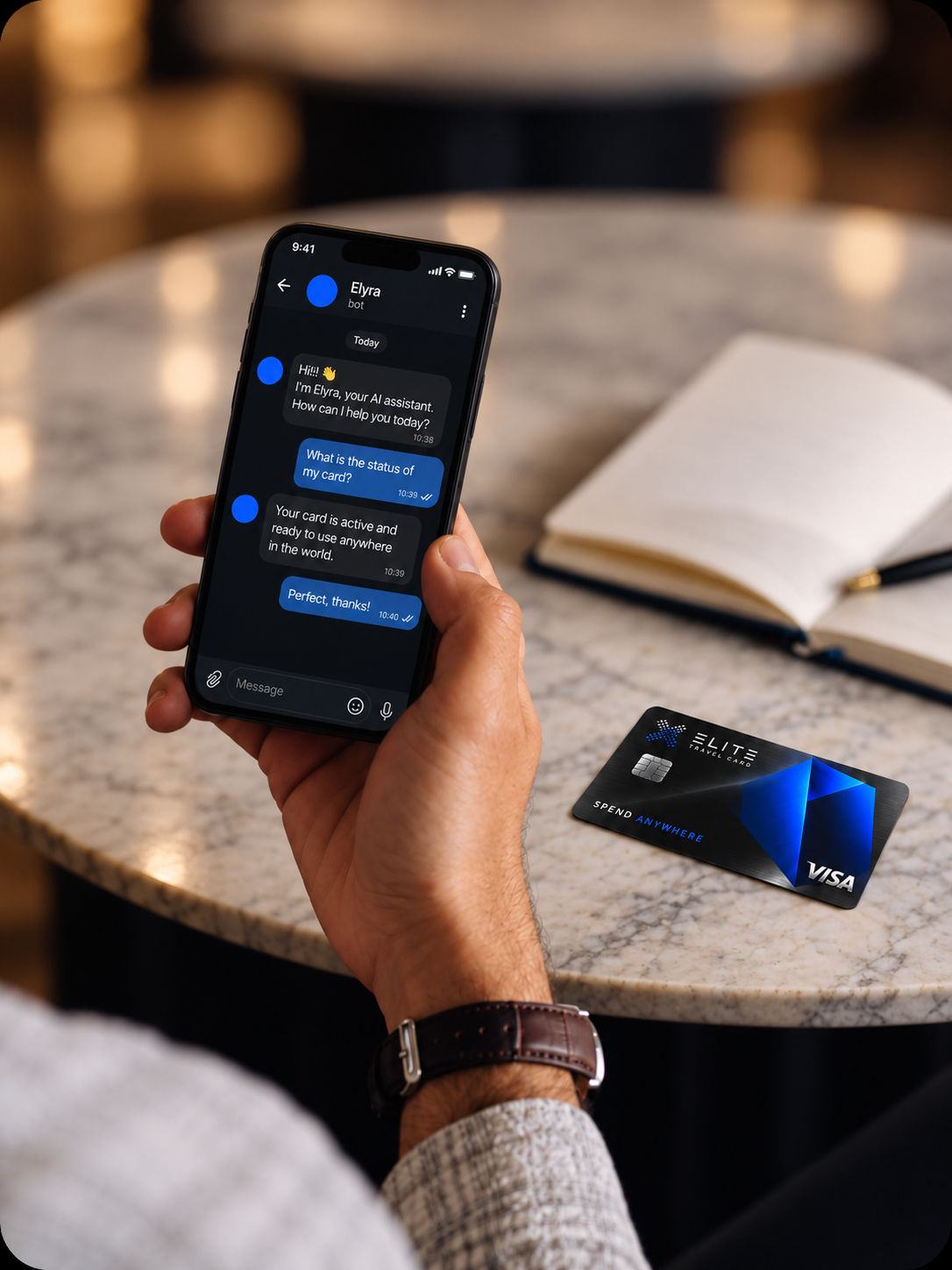 Elite Exchange support chat on a phone next to an Elite Privacy Card